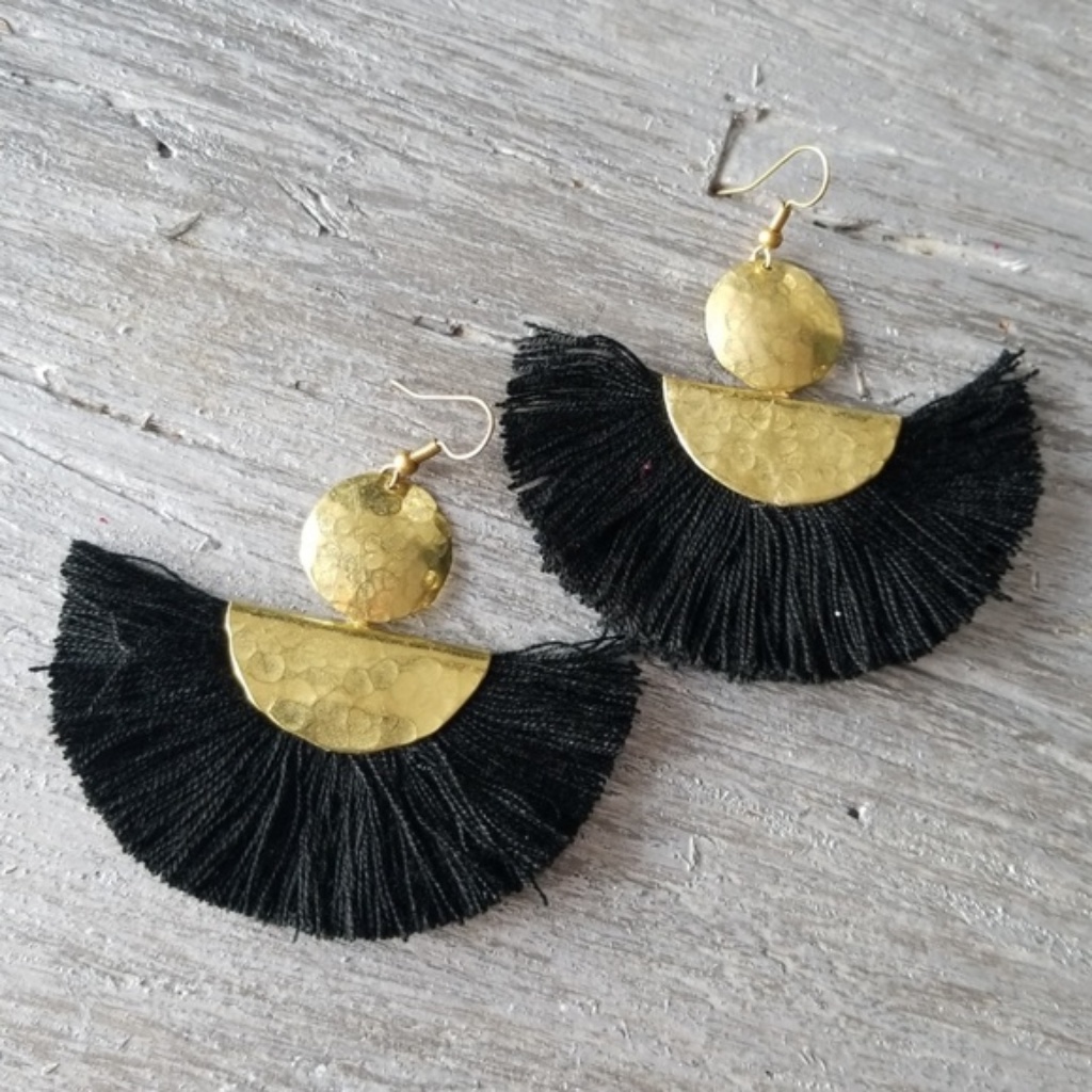 Black Fan Tassel Earrings